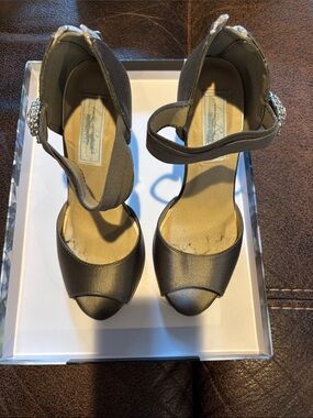 Dark Gray Satin Ankle-Strap Peep-Toe Heels